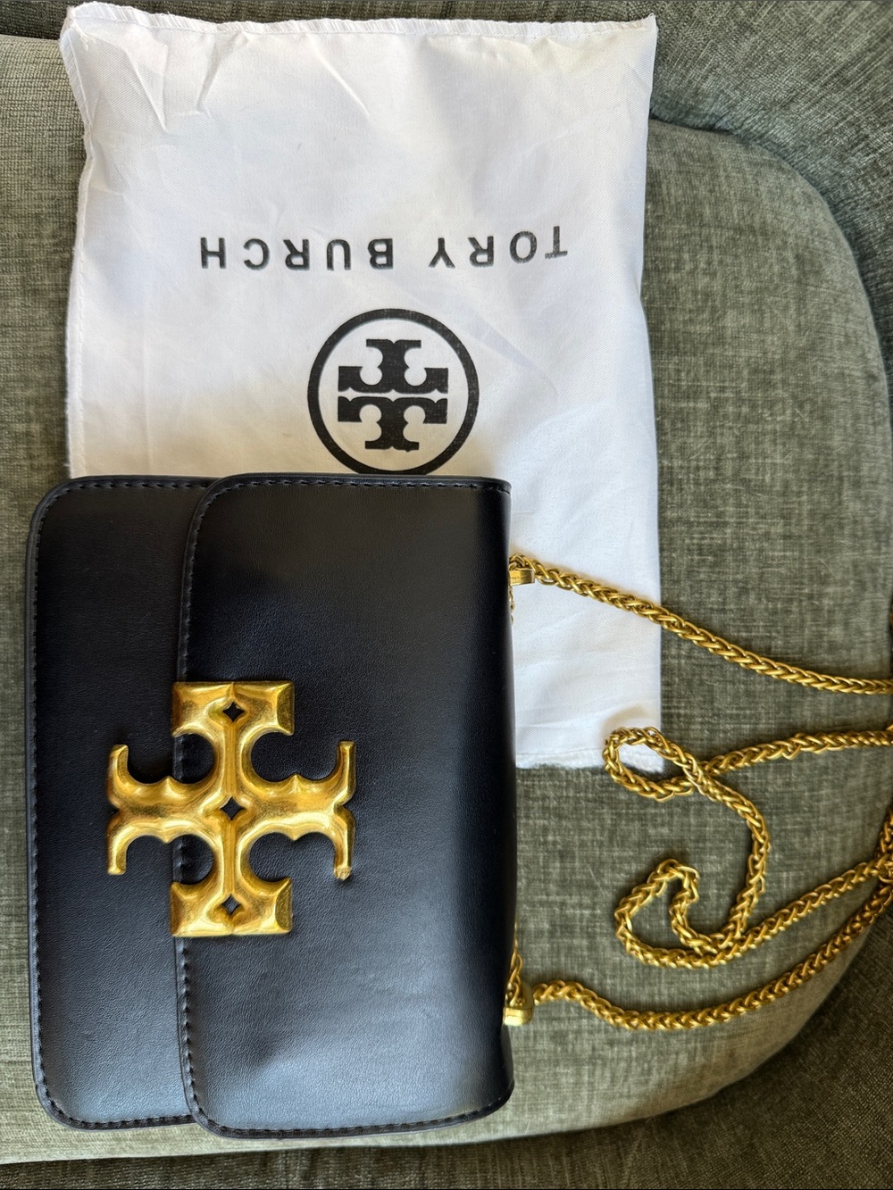 Tory Burch Black Leather Logo Crossbody with Gold Chain